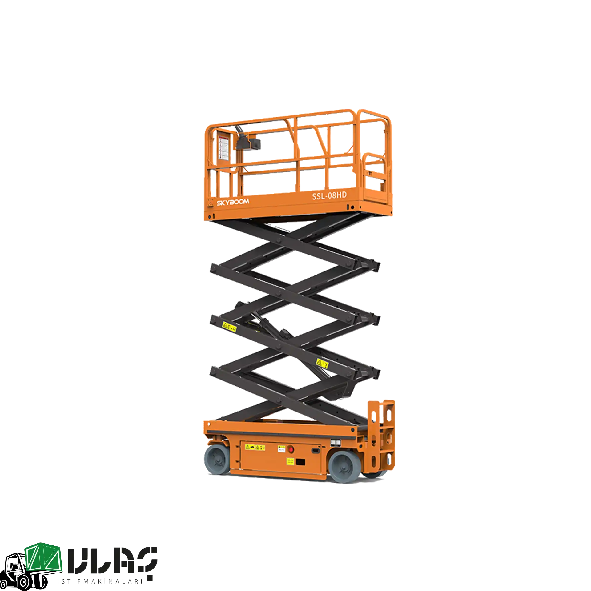 10 metreye kadar erişim sağlayan akülü makaslı platform — geniş çalışma yüzeyi, sağlam makas yapısı ve uzatılabilir güverte detayıyla iç mekân endüstriyel kullanımına uygun profesyonel iş platformu görseli.